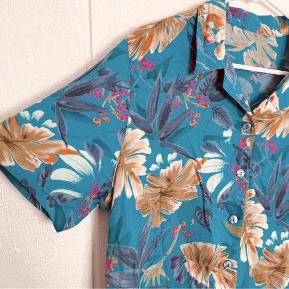 Vintage Tops - Vintage Colorful Women's Hawaiian Shirt Short Sleeve Teal Blue Aqua Floral XL